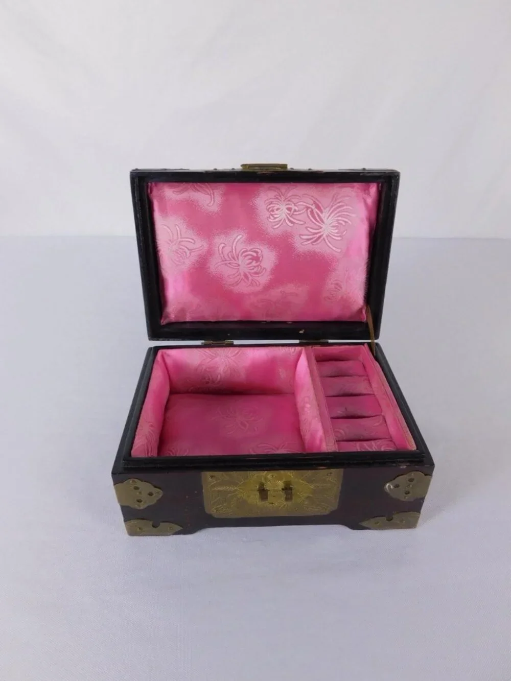 Vintage Chinese Wood Jewelry Box Brass Hardware Jade Inlay Style Lined Trinket